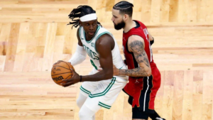 f Miami Heat and Boston Celtics logos against a basketball court backdrop